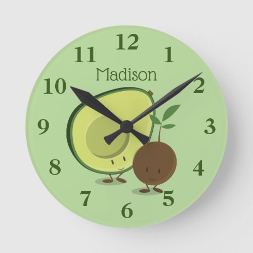 Smiling Avocado and Pit Cartoon Characters Name Round Clock