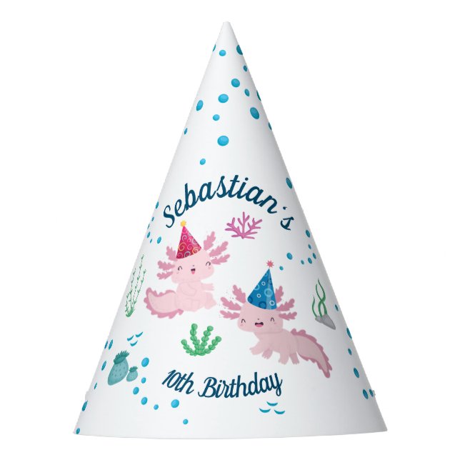Smiling Axolotl White Birthday Party Hat (Front)