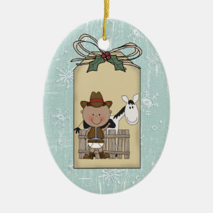Smiling Baby Boy Cowboy Pony 2-Sided Gift Tag Ceramic Ornament