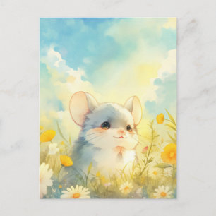 Smiling Baby Chinchilla in Yellow Flower Meadow Postcard