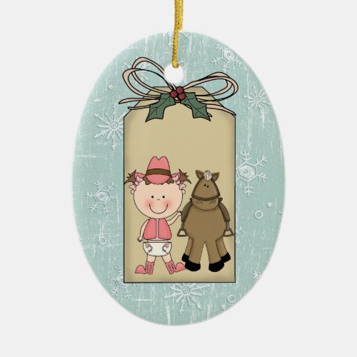 Smiling Baby Girl Toddler Cowgirl Pony Gift Tag Ceramic Ornament