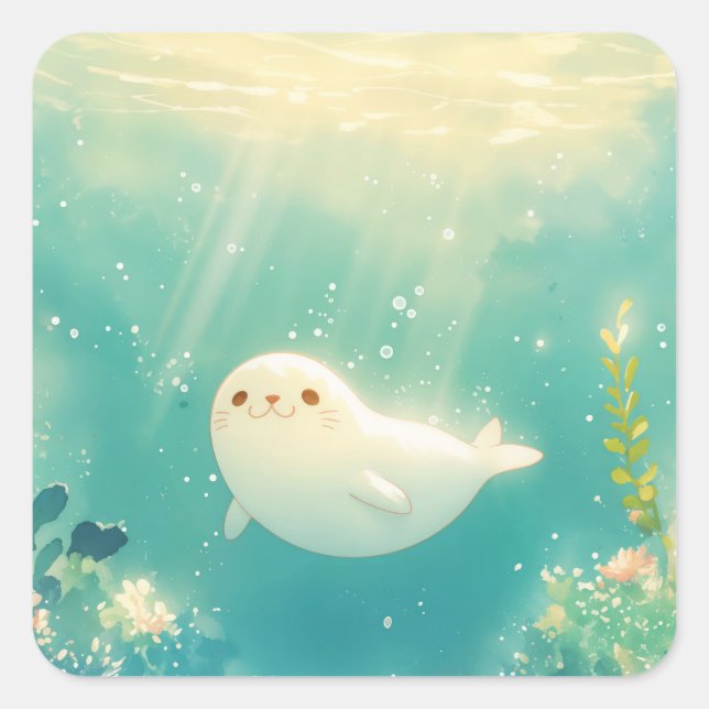 Smiling Baby Seal in Turquoise Underwater Garden (Front)