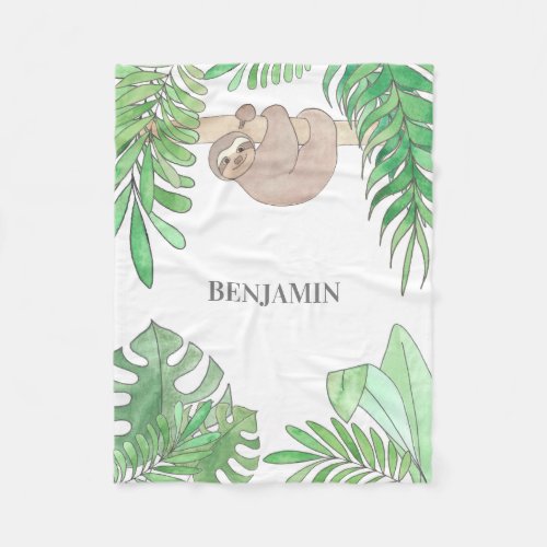 Smiling Baby Sloth Boys Name Monogram Fleece Blanket