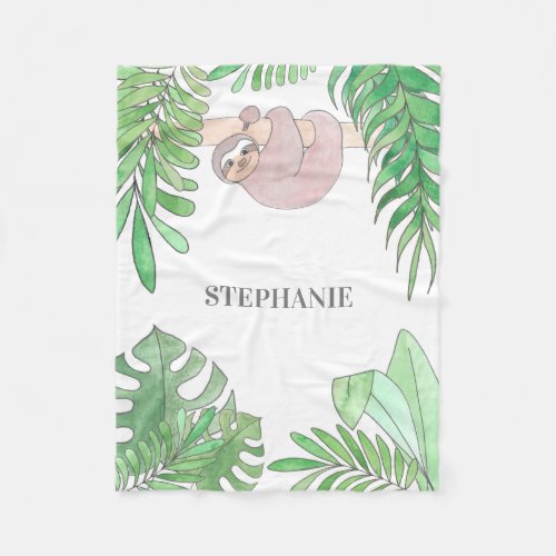 Smiling Baby Sloth Girls Name Monogram Fleece Blanket