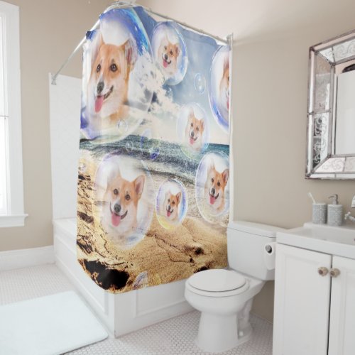 Smiling Beach Corgis Shower Curtain