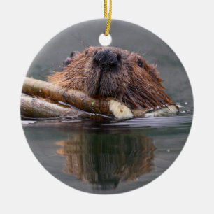 smiling beaver ceramic ornament