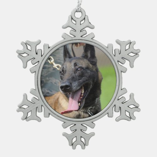 Smiling Belgian Malinois Dog Snowflake Pewter Christmas Ornament