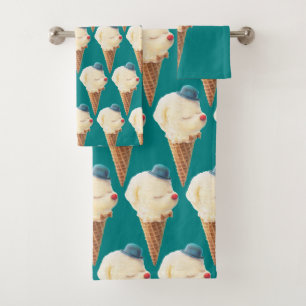 Smiling Bichon Ice Cream Pattern Teal Art Bath Towel Set