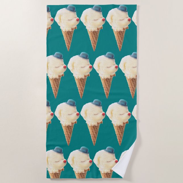 Smiling Bichon Ice Cream Pattern Teal Art Beach Towel (Front)