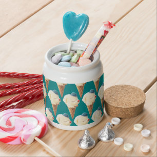 Smiling Bichon Ice Cream Pattern Teal Art Candy Jar