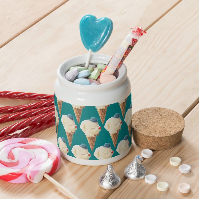 Smiling Bichon Ice Cream Pattern Teal Art Candy Jar (In Situ)