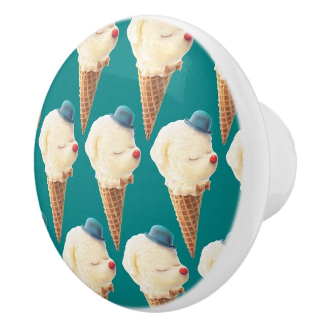 Smiling Bichon Ice Cream Pattern Teal Art Ceramic Knob (Right)