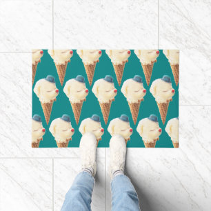 Smiling Bichon Ice Cream Pattern Teal Art Doormat