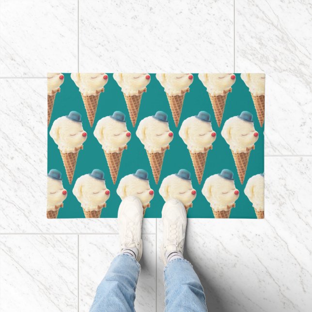 Smiling Bichon Ice Cream Pattern Teal Art Doormat (Indoor)