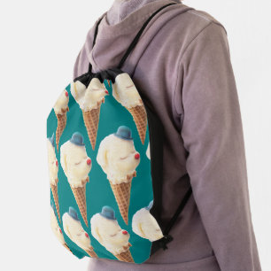 Smiling Bichon Ice Cream Pattern Teal Art Drawstring Bag