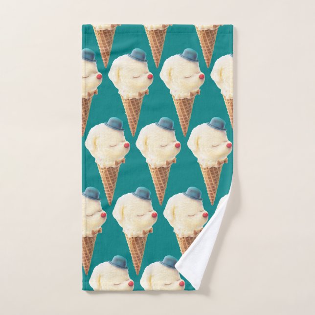 Smiling Bichon Ice Cream Pattern Teal Art Hand Towel (Hand Towel)