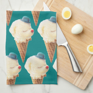 Smiling Bichon Ice Cream Pattern Teal Art Kitchen Towel