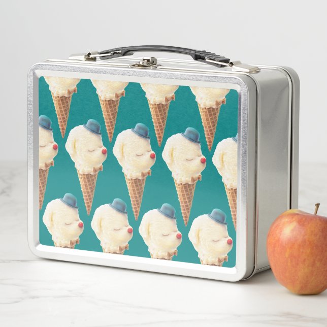 Smiling Bichon Ice Cream Pattern Teal Art Metal Lunch Box (In Situ)