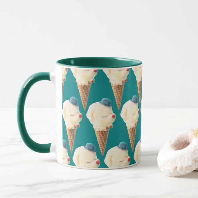 Smiling Bichon Ice Cream Pattern Teal Art Mug (With Donut)