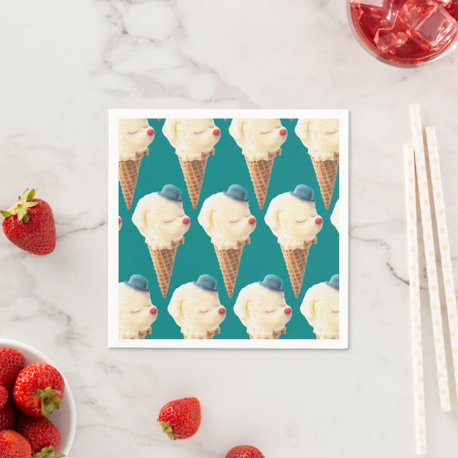 Smiling Bichon Ice Cream Pattern Teal Art Napkins (Insitu)