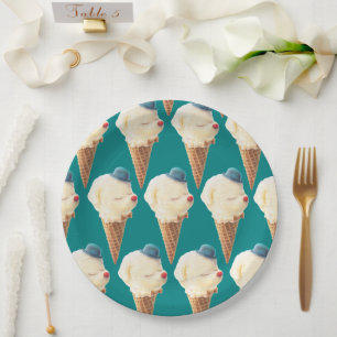 Smiling Bichon Ice Cream Pattern Teal Art Paper Plates