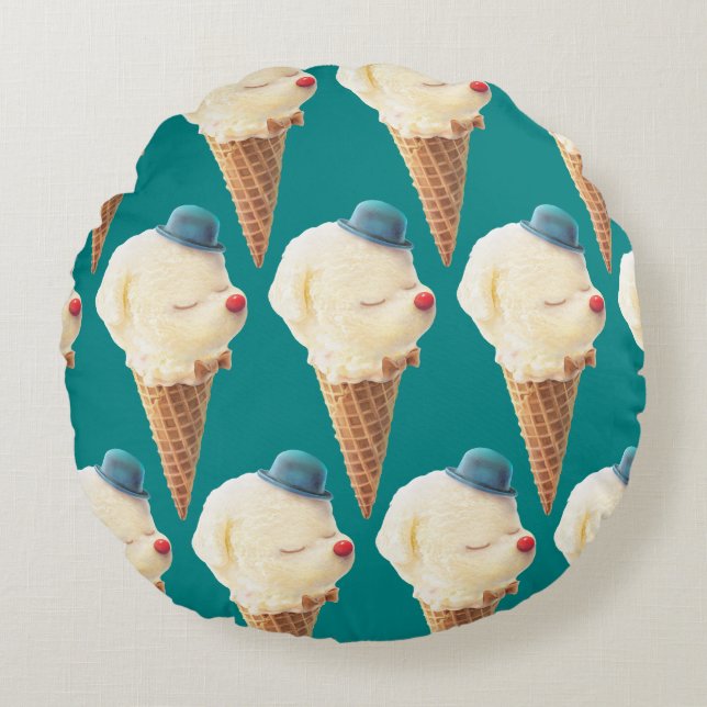 Smiling Bichon Ice Cream Pattern Teal Art Round Pillow (Front)