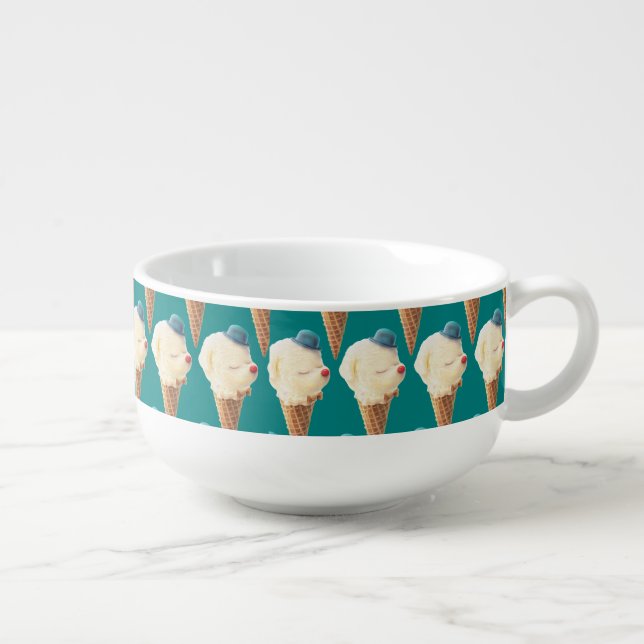 Smiling Bichon Ice Cream Pattern Teal Art Soup Mug (Left)
