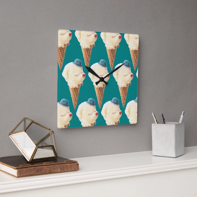 Smiling Bichon Ice Cream Pattern Teal Art Square Wall Clock (Office)