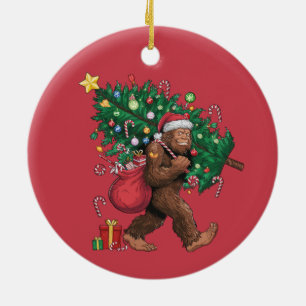 Smiling Bigfoot Red Christmas Tree Ornament