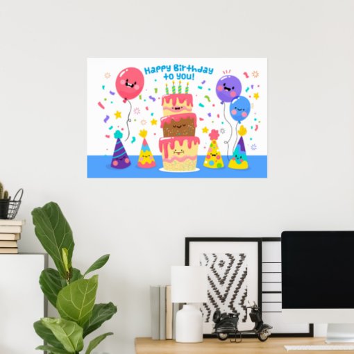 Smiling Birthday Cake And Balloons Poster | Zazzle