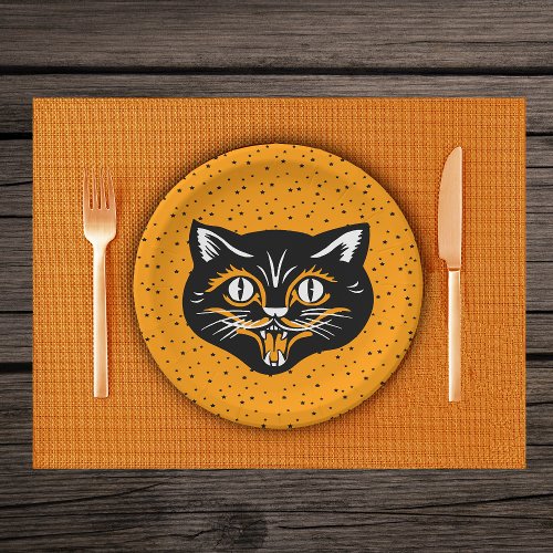 Smiling Black and Orange Halloween Cat Face Stars Paper Plates