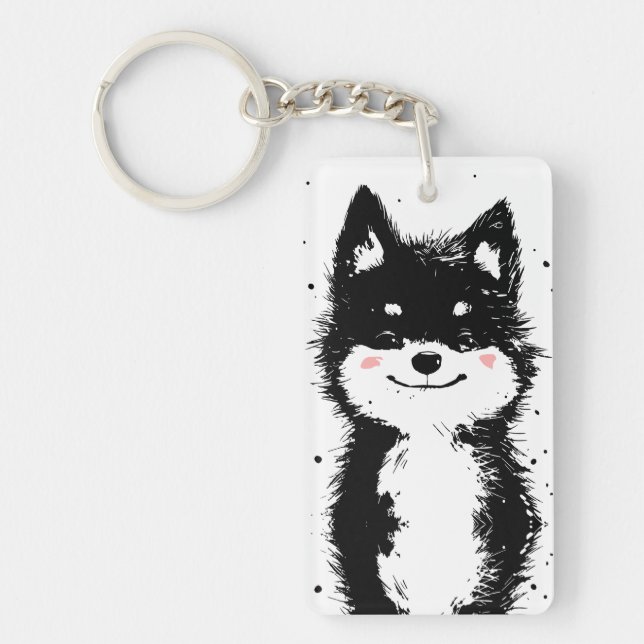 Smiling Black and White Dog Keychain (Front)
