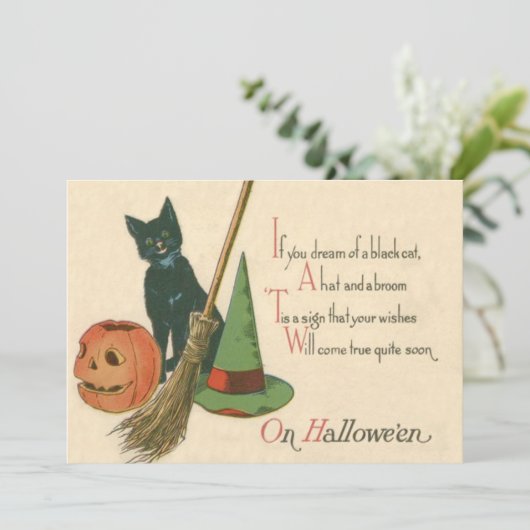 Smiling Black Cat Jack O Lantern Witch's Hat Broom (Standing Front)