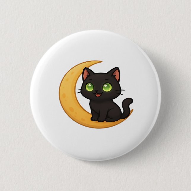 Smiling Black Cat with Glowing Green Eyes Sitting  Button (Front)
