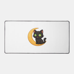 Smiling Black Cat with Glowing Green Eyes Sitting  Desk Mat