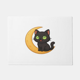 Smiling Black Cat with Glowing Green Eyes Sitting  Doormat
