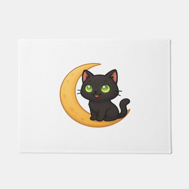 Smiling Black Cat with Glowing Green Eyes Sitting  Doormat (Front)
