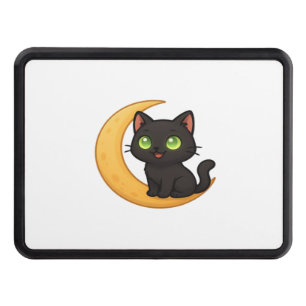 Smiling Black Cat with Glowing Green Eyes Sitting Hitch Cover