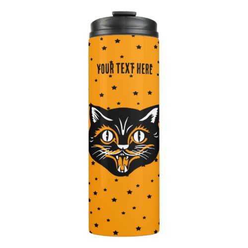 Smiling Black Halloween Cat Face Stars Orange Thermal Tumbler