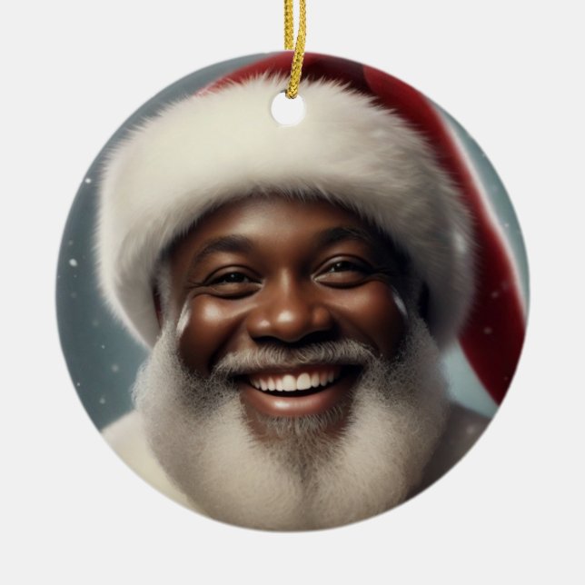 Smiling Black Santa Family Customize Ceramic Ornament (Front)