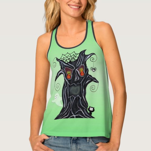 Smiling Black Spooky Tree Flame Eyes Ghost Cat Tank Top