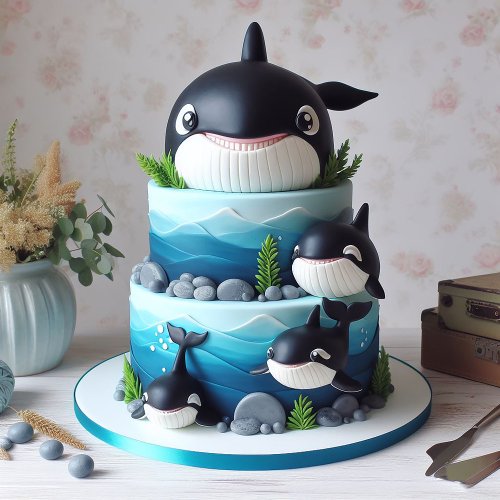 SMILING BLACK  WHITE ORCA WHALE BIRTHDAY CAKE CARD