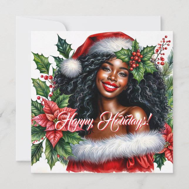 Smiling Black Woman Happy Holidays Holiday Card (Front)