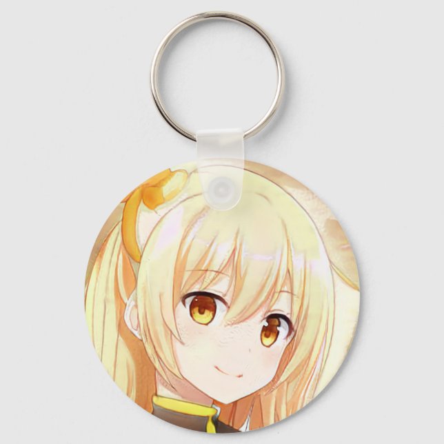 Smiling blond girl with amber eyes anime manga keychain (Front)