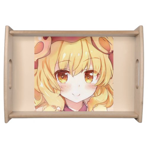 Smiling blond girl with amber eyes anime manga serving tray