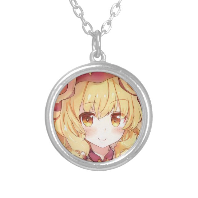 Smiling blond girl with amber eyes anime manga  silver plated necklace (Front)