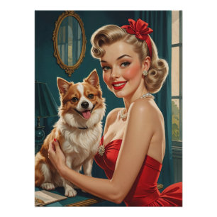 Smiling Blonde Pin-Up in red Dress with Cute Dog Poster