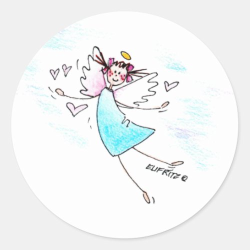 Smiling blue gowned angel bringing hearts of love classic round sticker