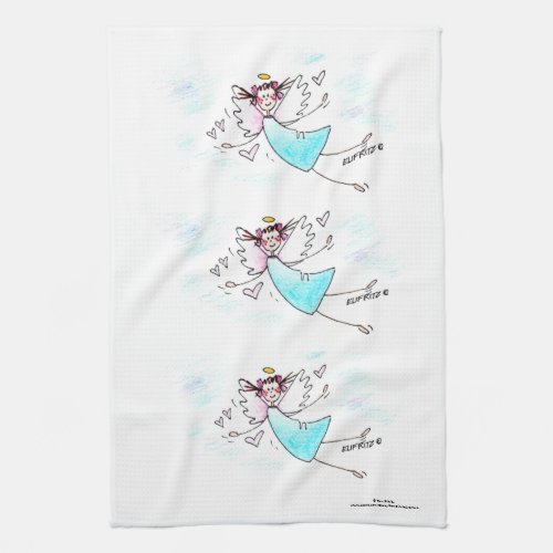 Smiling blue gowned angel bringing hearts of love kitchen towel