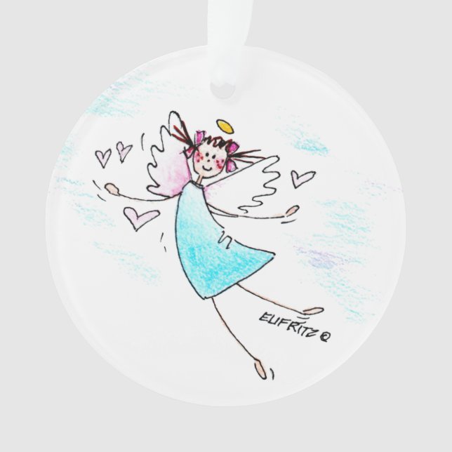 Smiling blue gowned angel bringing hearts of love ornament (Front)